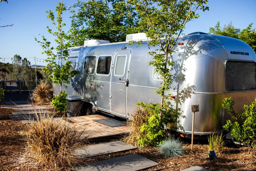 Airstream 3A among young oaks and grasses on a sunny day