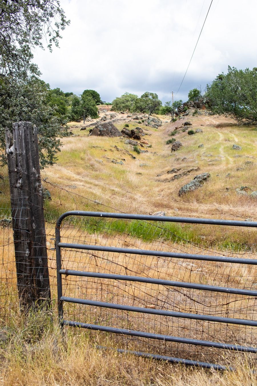 A ranch gate in front of a grassy hillside on Penon Blanco Peak; the faint rut running up the middle is part of the original Stagecoach Road