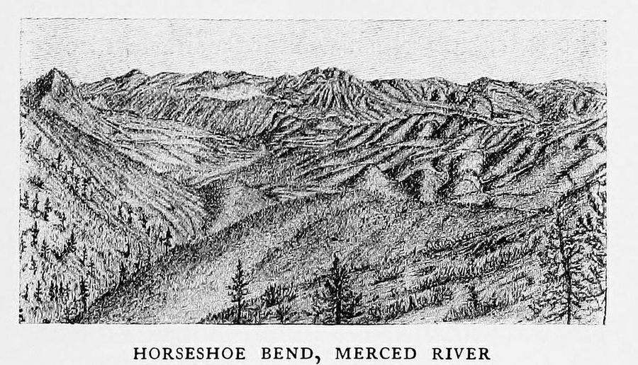 John Muir's pen sketch of the Merced River curving through a horseshoe bend between steep, tree-dotted hills