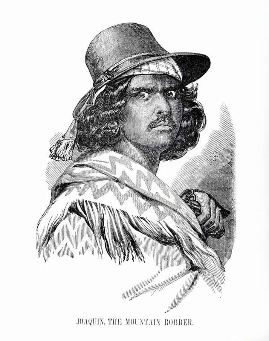 Engraved portrait of Joaquin Murrieta in a wide-brimmed hat and serape, titled Joaquin, the Mountain Robber