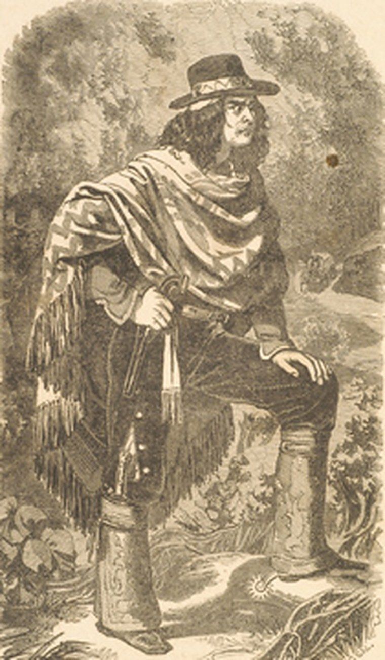 Engraving of Joaquin Murrieta standing in a fringed serape and hat, one foot on a rock