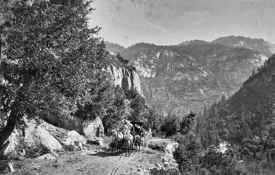 A team of horses pulls a stagecoach along the dirt Coulterville Road, under oaks and pines with granite cliffs beyond, around 1875